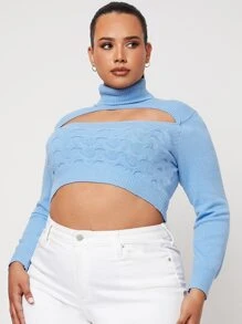 SHEIN Unity Plus Turtleneck Peekaboo Front Crop Jumper - Blue - View 5