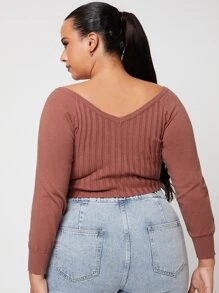 SHEIN SXY 大碼條紋針織抽繩前收褶短款毛衣 - 鏽棕色 - 查看 2