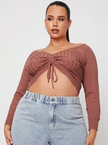 SHEIN SXY 大碼條紋針織抽繩前收褶短款毛衣 - 鏽棕色 - 查看 3