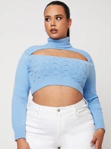SHEIN Unity Plus Turtleneck Peekaboo Front Crop Jumper - Blue - View 6