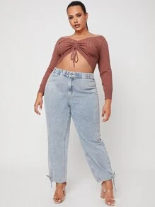 SHEIN SXY 大碼條紋針織抽繩前收褶短款毛衣 - 鏽棕色 - 查看 4