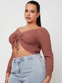 SHEIN SXY 大碼條紋針織抽繩前收褶短款毛衣 - 鏽棕色 - 查看 6