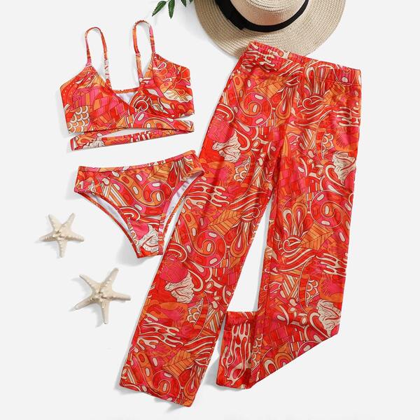 

Girls Allover Print Wrap Bikini Swimsuit & Cover Up Pants, Multicolor