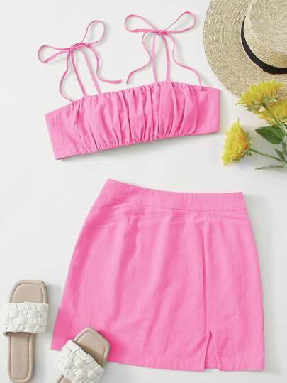 Knot Shoulder Tie Back Ruched Bust Crop Cami Top & Split Hem Skirt Set