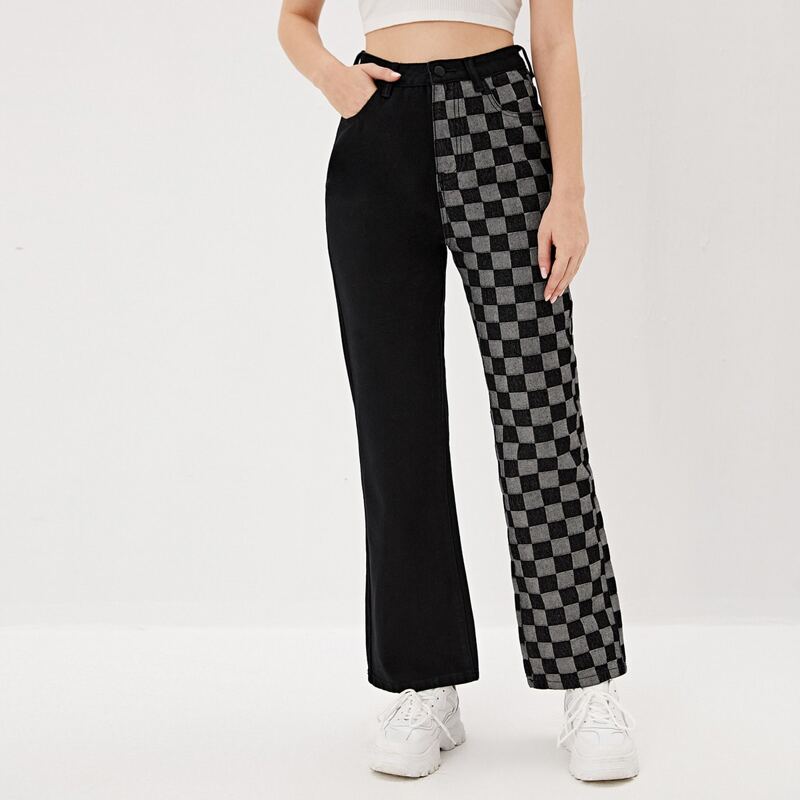

Colorblock & Plaid Print Jeans, Black