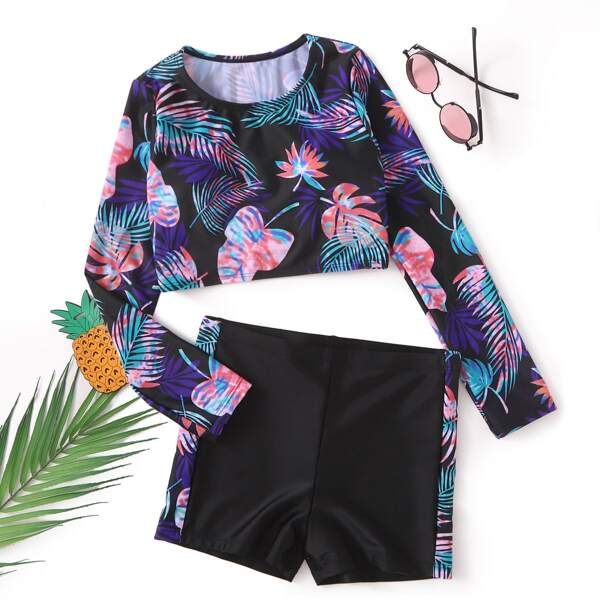 

Girls Floral & Tropical Print Shorts Bikini Swimsuit, Multicolor