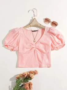 SHEIN MOD Áo thun Nếp gấp Phần Ngực màu trơn Boho - Màu Hồng baby - Xem 1