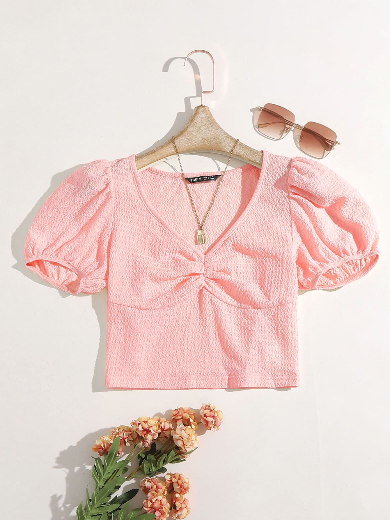 SHEIN MOD Áo thun Nếp gấp Phần Ngực màu trơn Boho - Màu Hồng baby - Xem 1