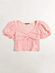 SHEIN MOD Áo thun Nếp gấp Phần Ngực màu trơn Boho - Màu Hồng baby - Xem 4