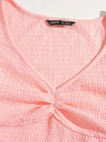 SHEIN MOD Áo thun Nếp gấp Phần Ngực màu trơn Boho - Màu Hồng baby - Xem 5