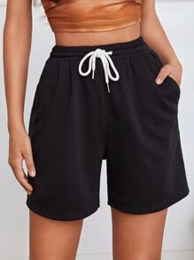 SHEIN EZwear Drawstring Waist Slant Pocket Shorts - Black - View 1