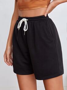 SHEIN EZwear Drawstring Waist Slant Pocket Shorts - Black - View 4