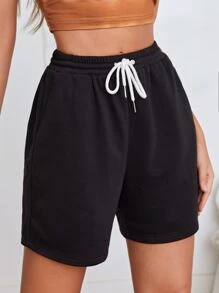 SHEIN EZwear Drawstring Waist Slant Pocket Shorts - Black - View 5