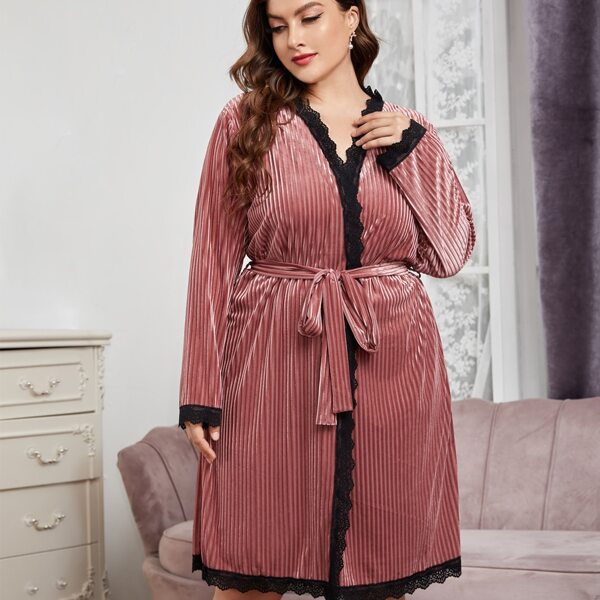 

Plus Contrast Lace Belted Velvet Robe, Dusty pink