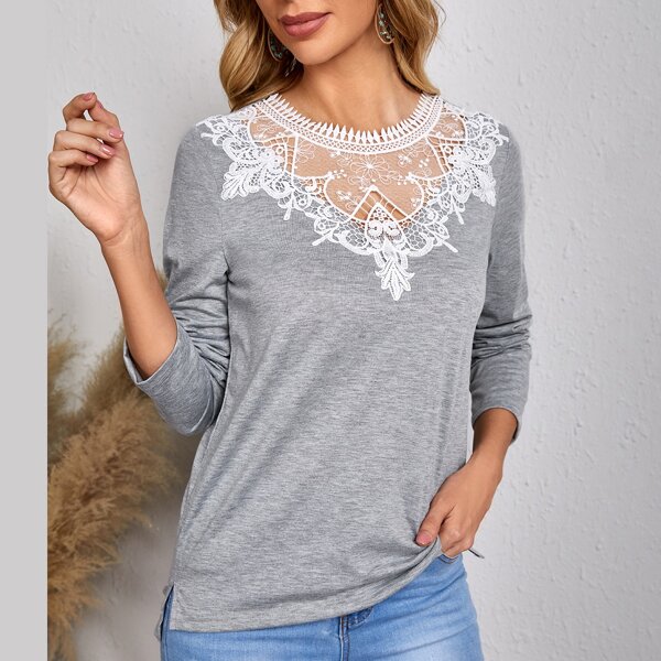 

Contrast Lace Side Split Tee, Grey