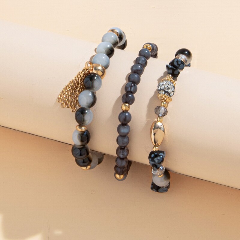

3pcs Tassel Decor Beaded Bracelet, Black