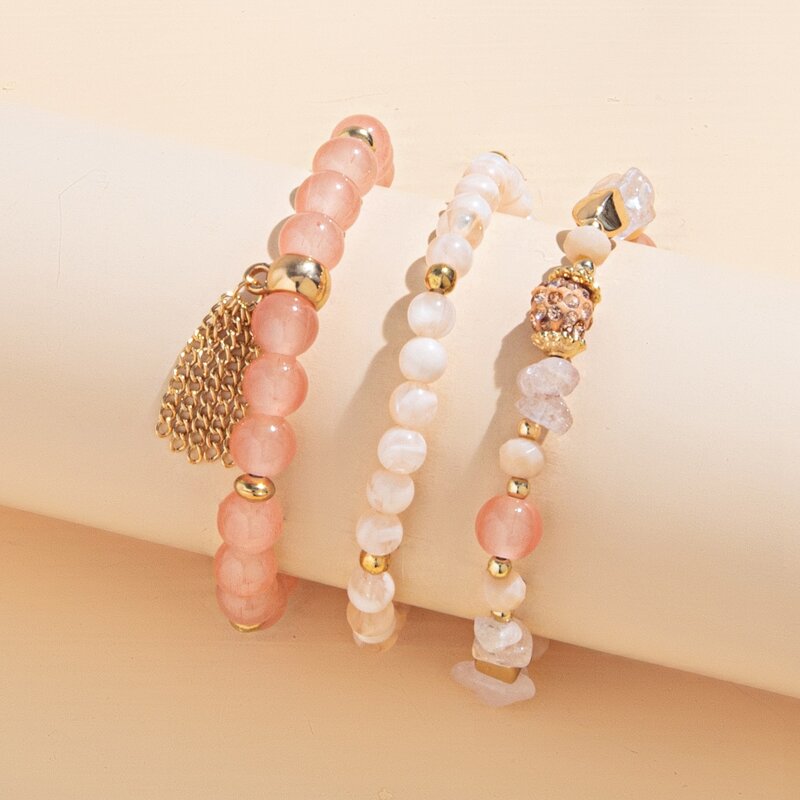 

3pcs Tassel Decor Beaded Bracelet, Pink