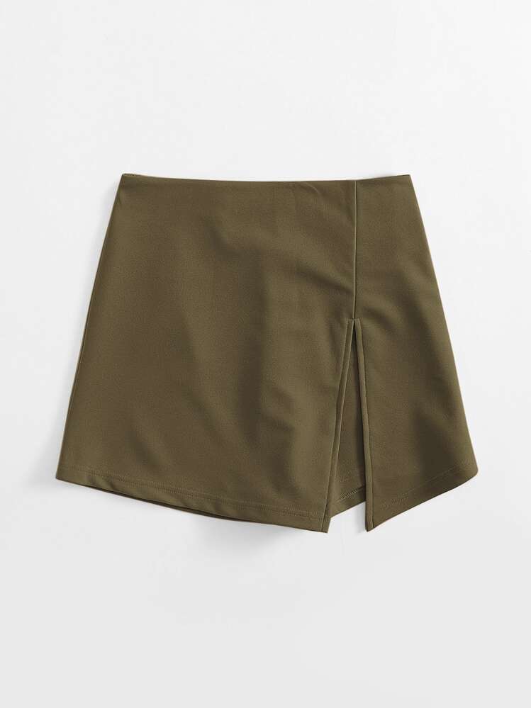 SHEIN Essnce 彈性腰前開衩褲裙 - 軍綠色 - 查看 4