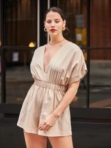 SHEIN 大碼深V領翻折袖連身短褲 - 杏色 - 查看 1