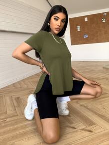 SHEIN Essnce 前短後長開衩下擺素色T恤 - 軍綠色 - 查看 1