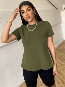 SHEIN Essnce 前短後長開衩下擺素色T恤 - 軍綠色 - 查看 3