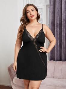 Plus Solid Lace Backless Slip Dress - Black - View 4