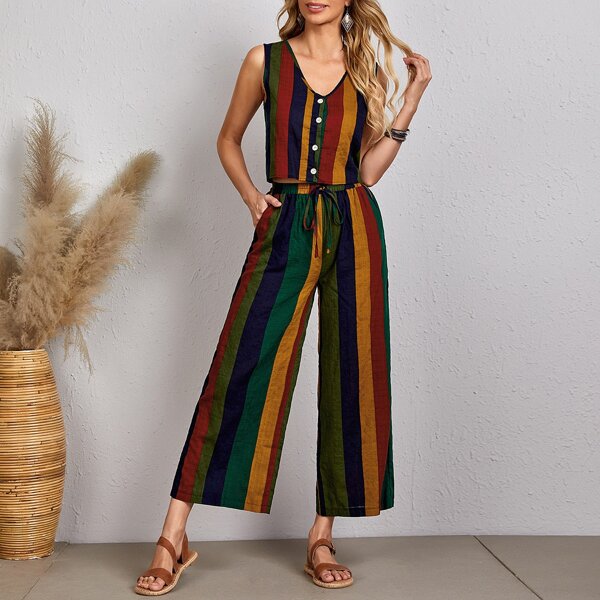 

Block Stripe Crop Tank Top & Knot Front Wide Leg Pants, Multicolor