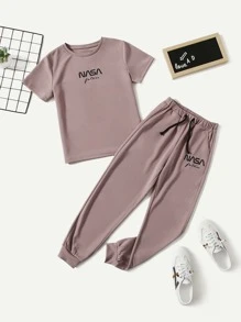 SHEIN Boys Letter Graphic Tee & Drawstring Waist Sweatpants Set - Dusty Pink - View 1