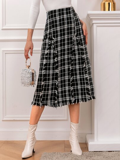 High Waist Plaid Pattern Raw Trim Tweed Skirt