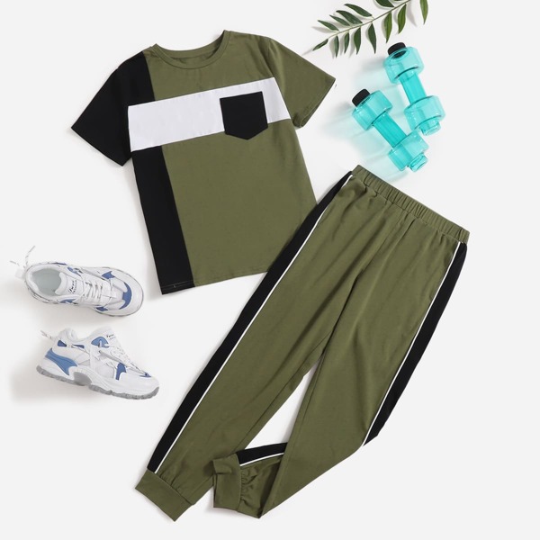

Boys Colorblock Patched Pocket Tee & Pants, Army green