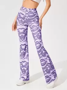 SHEIN EZwear Allover Print Flare Leg Trousers - Multicolor - View 1