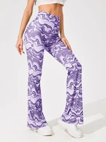 SHEIN EZwear Allover Print Flare Leg Trousers - Multicolor - View 4