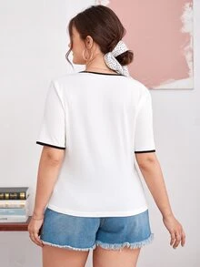 Top unido en contraste escote V fruncido - Blanco - Ver 2