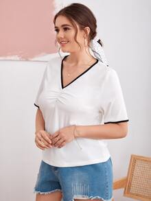 Top unido en contraste escote V fruncido - Blanco - Ver 3