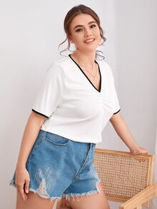 Top unido en contraste escote V fruncido - Blanco - Ver 4