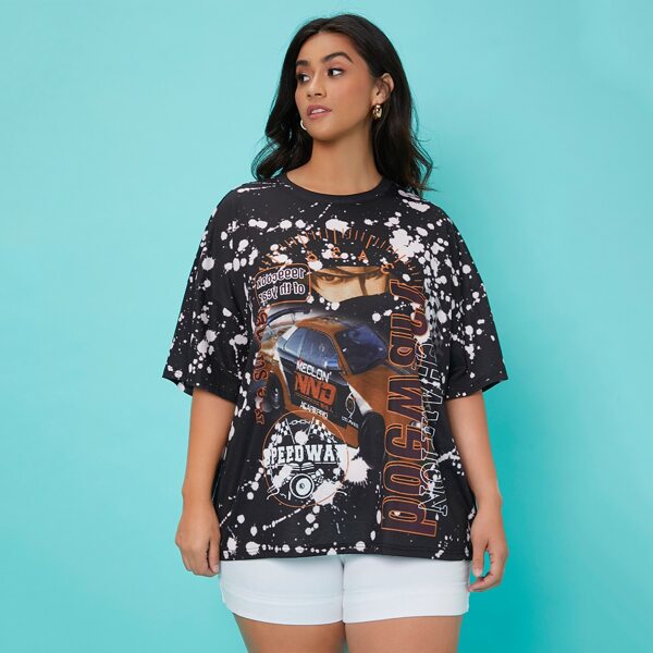 

Plus Splatter Letter And Car Print Drop Shoulder Tee, Black and white