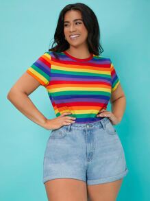 SHEIN EZwear Camiseta de rayas de arcoíris - Multicolor - Ver 1