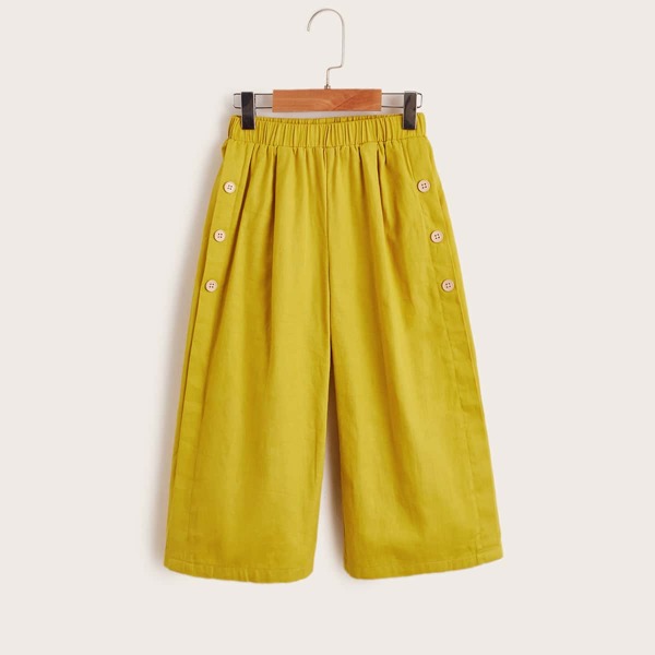 

Toddler Girls Elastic Waist Button Detail Fold Pleated Pants, Mustard yellow