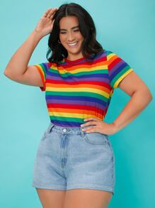 SHEIN EZwear Camiseta de rayas de arcoíris - Multicolor - Ver 4