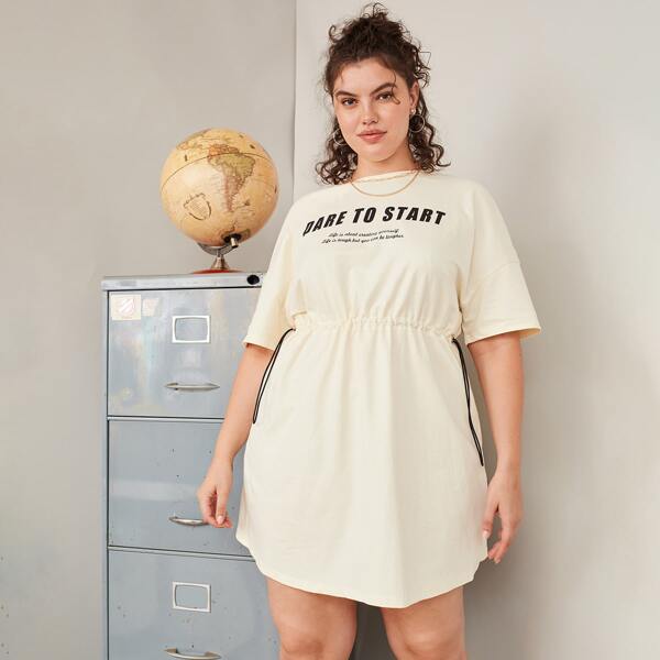 

Plus Slogan Graphic Drawstring Waist Dress, Beige
