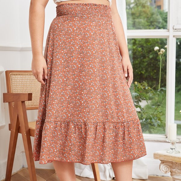

Plus Ditsy Floral Ruffle Hem Shirred Waist Skirt, Brown