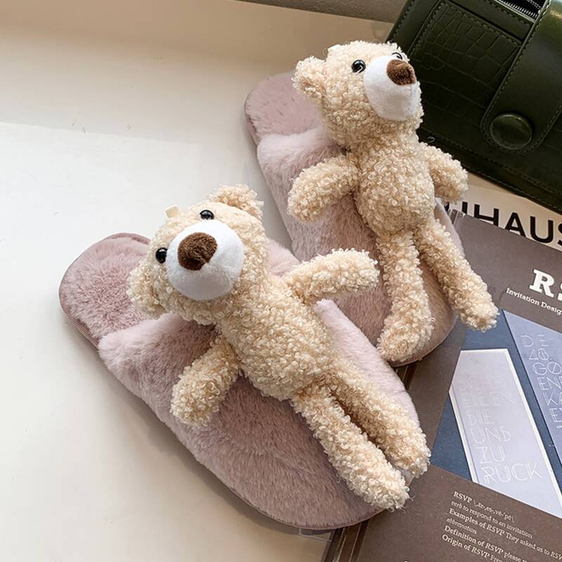 

Cartoon Bear Decor Bedroom Slippers, Pink
