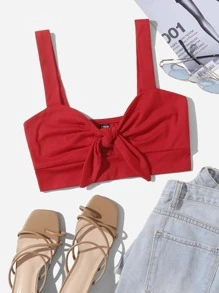 Soleia Knot Front Solid Crop Cami Top - Red - View 1
