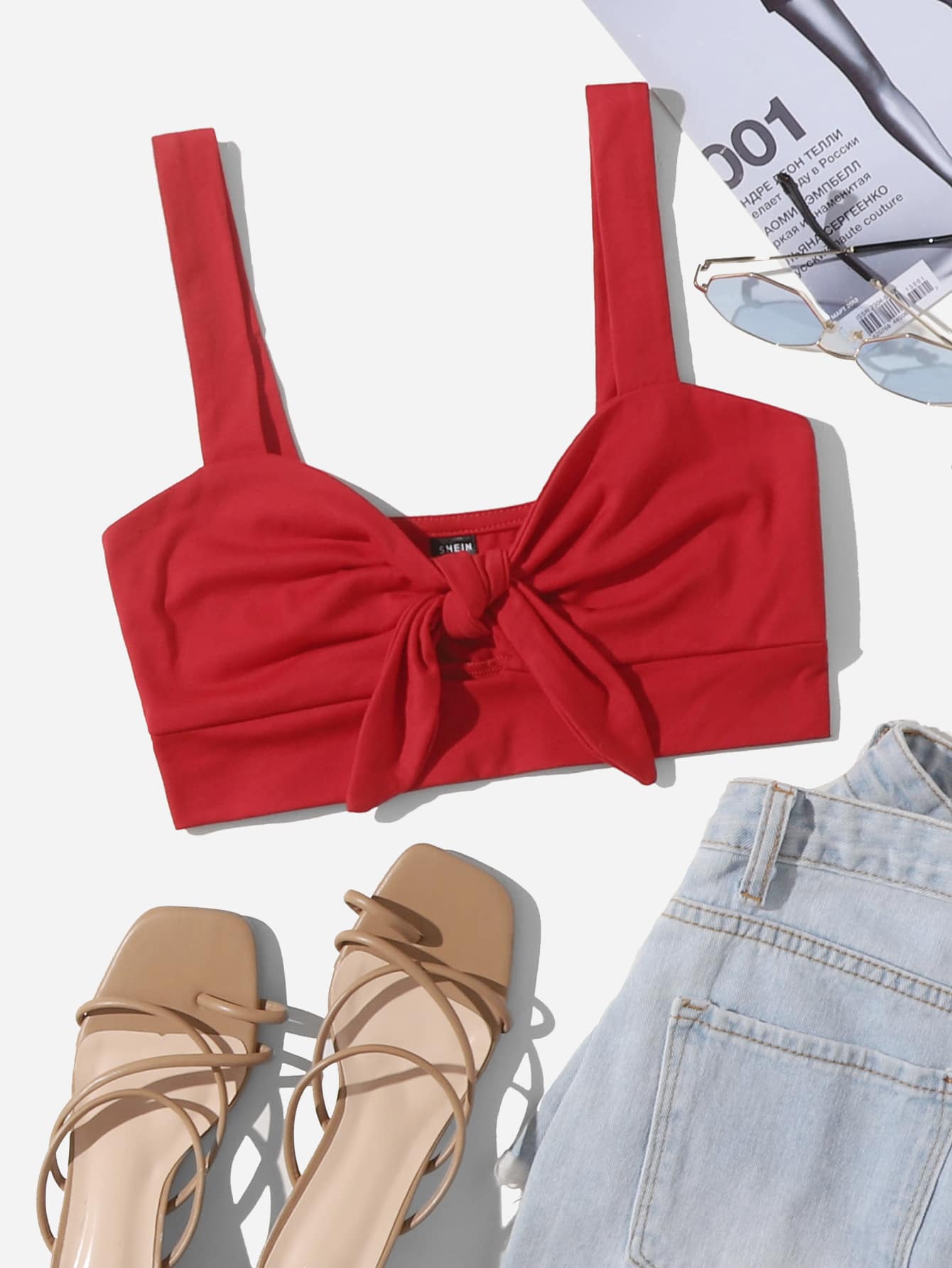 Soleia Knot Front Solid Crop Cami Top - Red - View 1