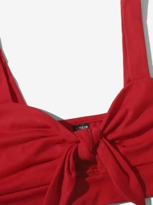 Soleia Knot Front Solid Crop Cami Top - Red - View 5