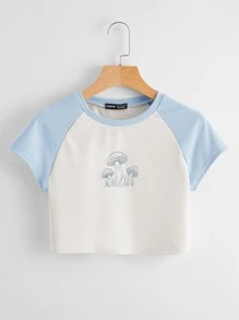 Muchica Mushroom Print Raglan Sleeve Crop Tee - White - View 1
