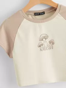 Muchica Mushroom Print Raglan Sleeve Crop Tee - Khaki - View 3