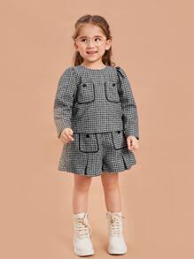 SHEIN 小女童口袋貼布格紋粗花呢襯衫 - 黑與白 - 查看 1