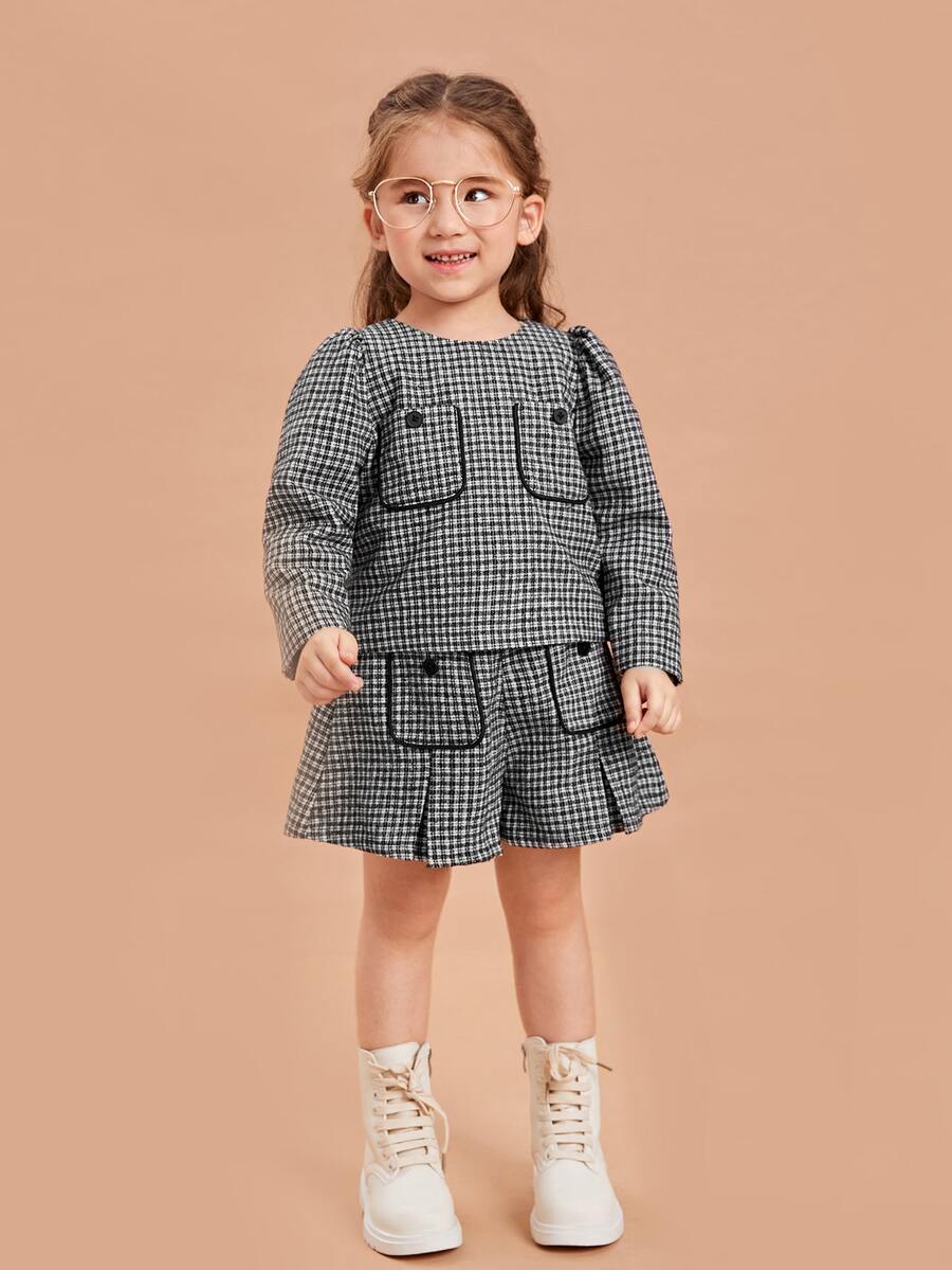 SHEIN 小女童口袋貼布格紋粗花呢襯衫 - 黑與白 - 查看 1