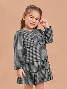 SHEIN 小女童口袋貼布格紋粗花呢襯衫 - 黑與白 - 查看 4